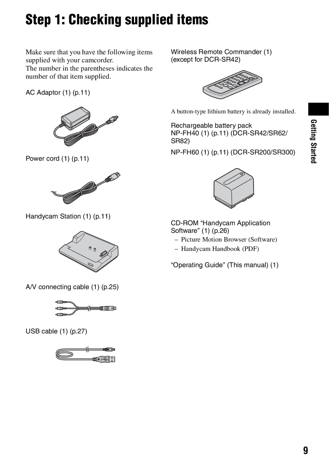 Sony DCR-SR42, SR82, SR62, SR300, SR200 manual Checking supplied items, Getting Started 