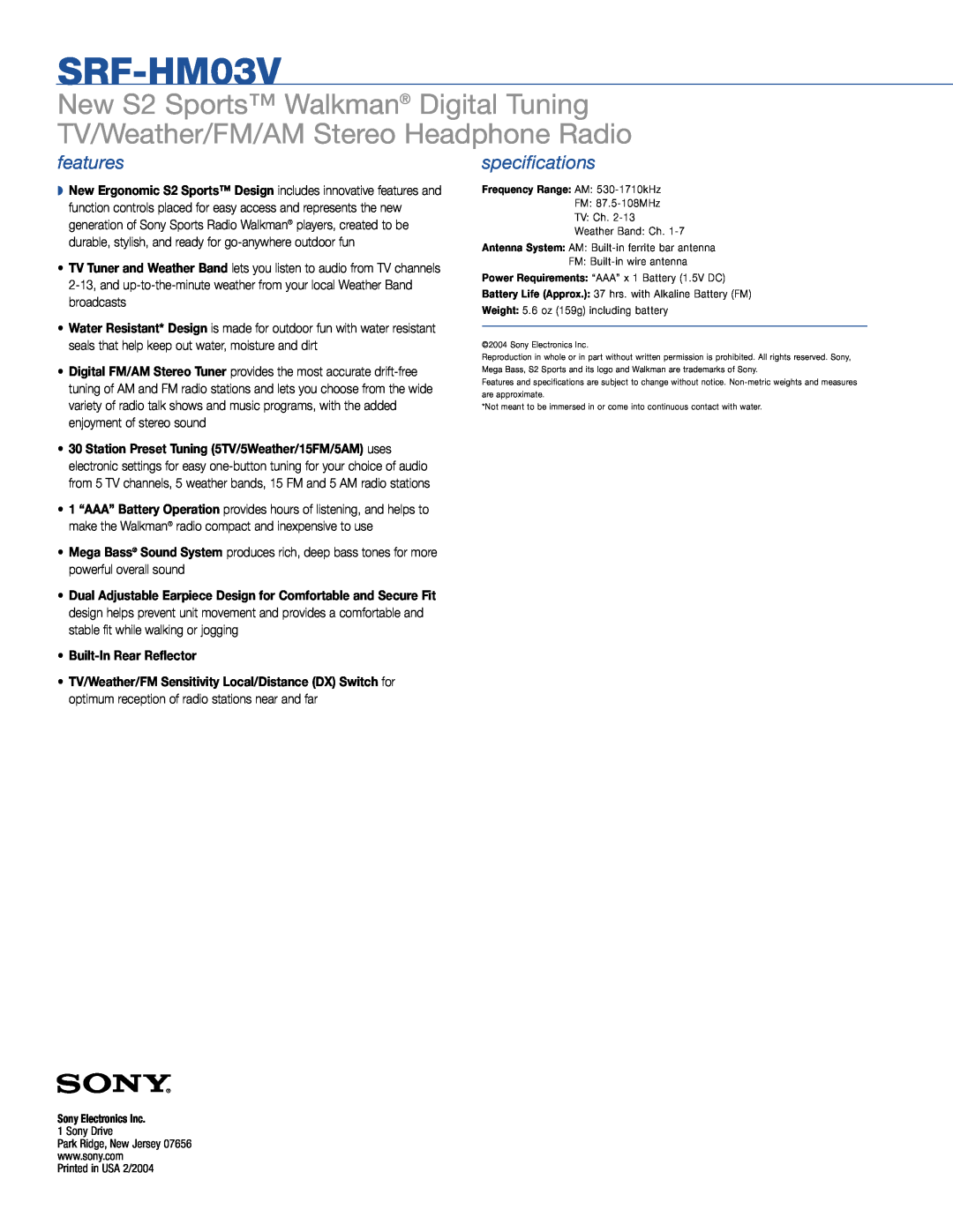Sony SRF-HM03V manual features, specifications 
