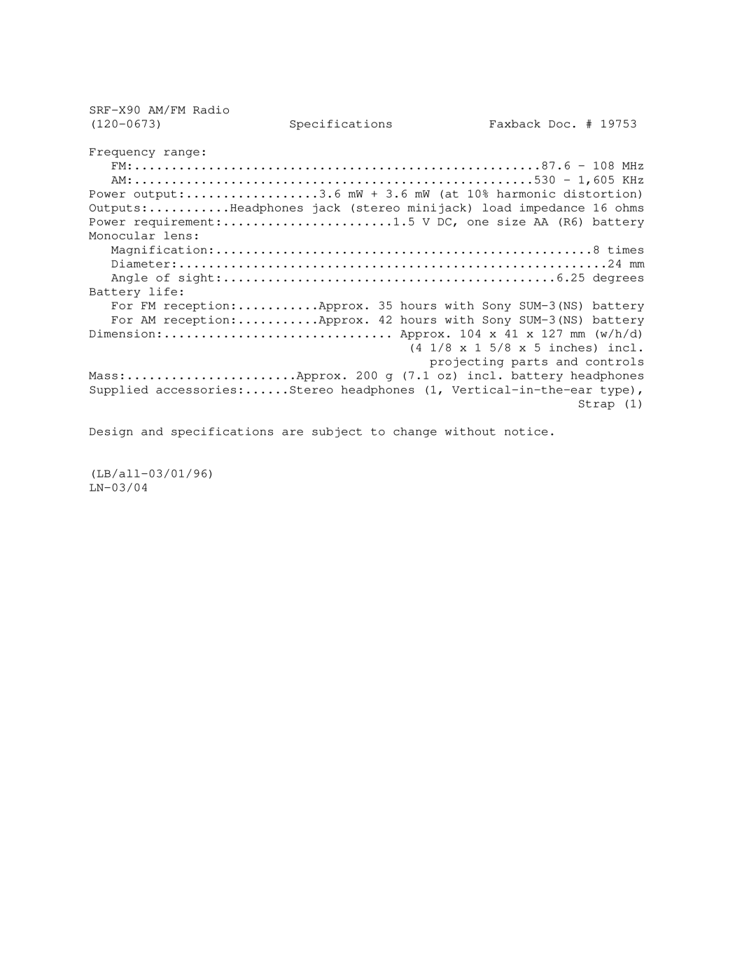 Sony manual SRF-X90 AM/FM Radio Specifications Faxback Doc. # 120-0673 