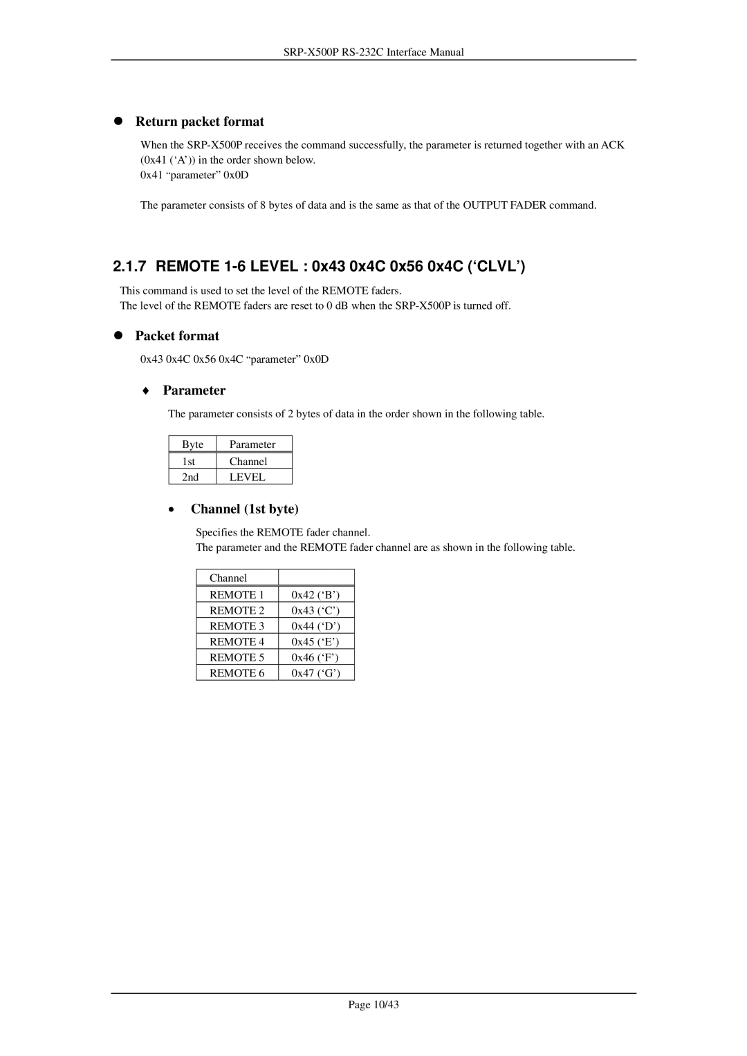 Sony SRP-X500P manual Remote 1-6 Level 0x43 0x4C 0x56 0x4C ‘CLVL’, Channel 1st byte 