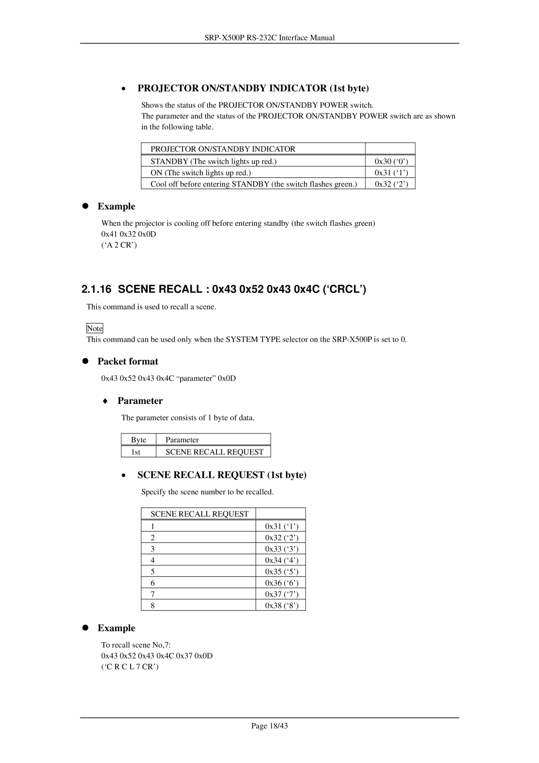 Sony SRP-X500P Scene Recall 0x43 0x52 0x43 0x4C ‘CRCL’, Projector ON/STANDBY Indicator 1st byte, Scene Recall Request 