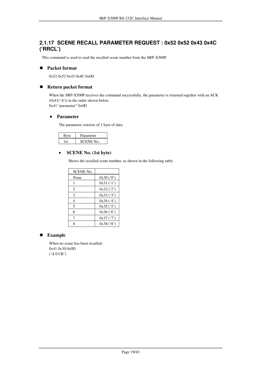 Sony SRP-X500P manual Scene Recall Parameter Request 0x52 0x52 0x43 0x4C ‘RRCL’, Scene No st byte 