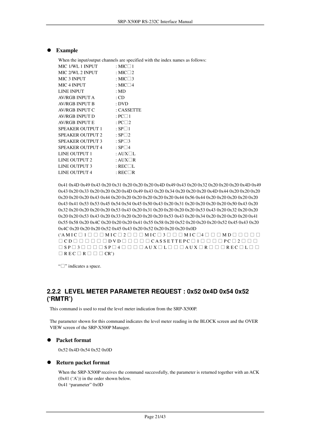 Sony SRP-X500P manual Level Meter Parameter Request 0x52 0x4D 0x54 0x52 ‘RMTR’, MIC 1/WL 1 Input 