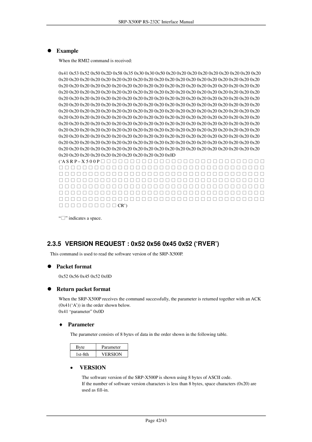 Sony SRP-X500P manual Version Request 0x52 0x56 0x45 0x52 ‘RVER’ 