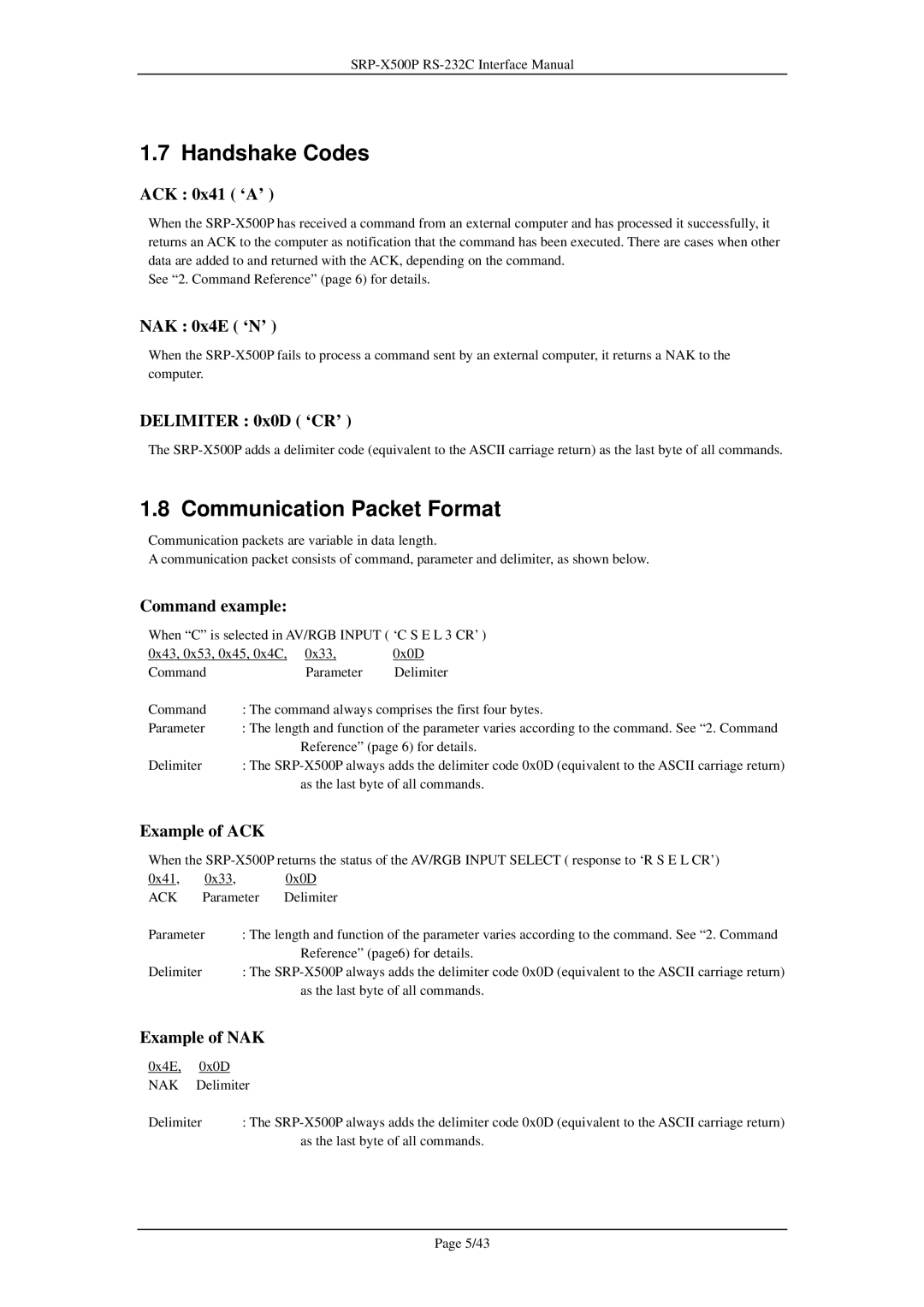 Sony SRP-X500P manual Handshake Codes, Communication Packet Format 