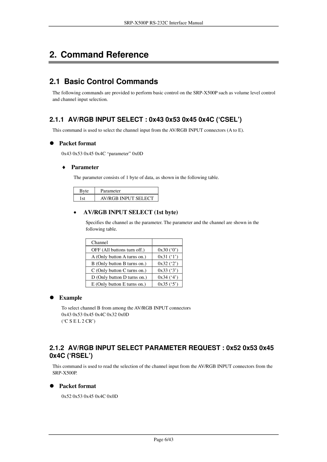 Sony SRP-X500P manual Basic Control Commands, 1 AV/RGB Input Select 0x43 0x53 0x45 0x4C ‘CSEL’ 