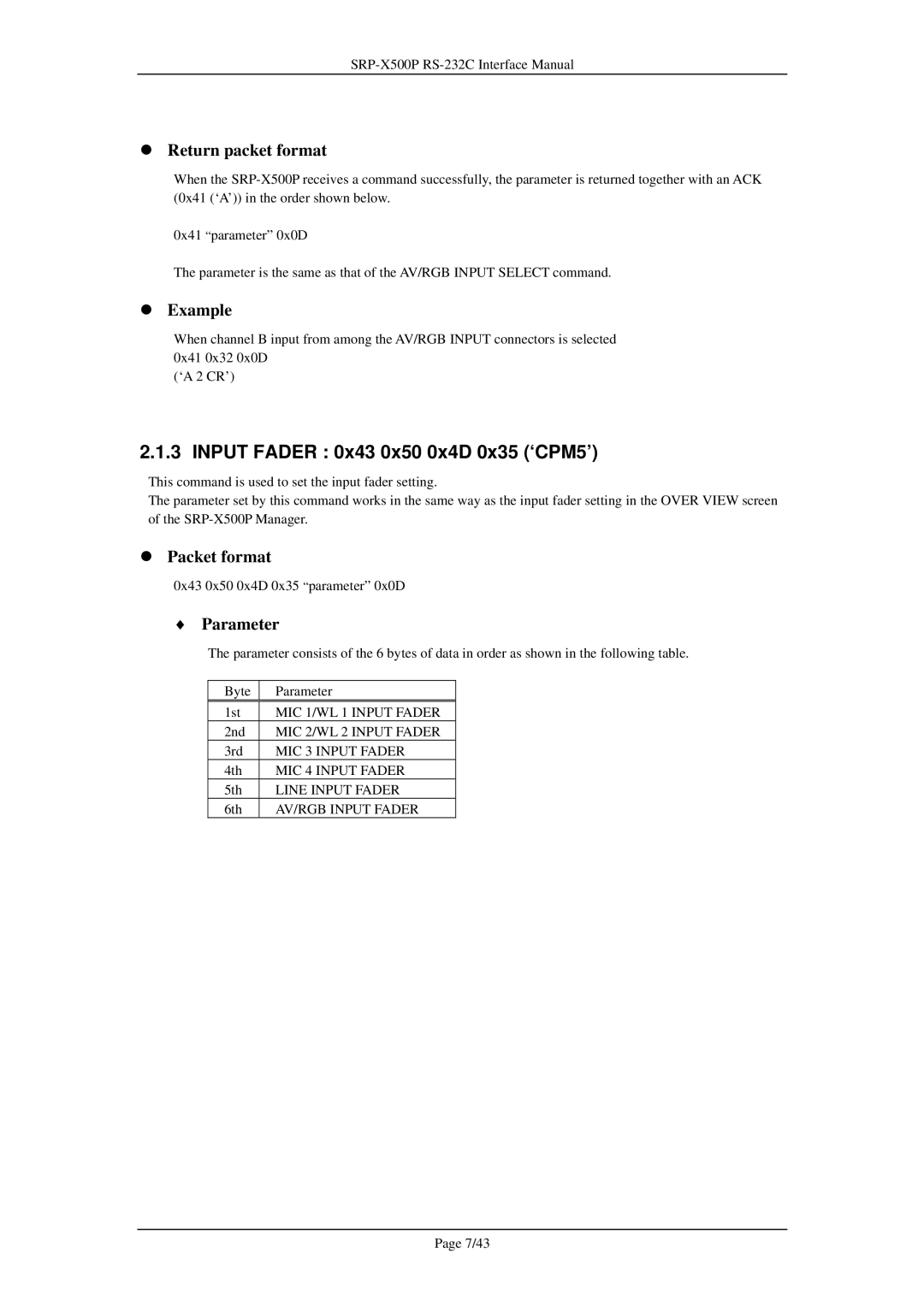 Sony SRP-X500P manual Input Fader 0x43 0x50 0x4D 0x35 ‘CPM5’, Return packet format 