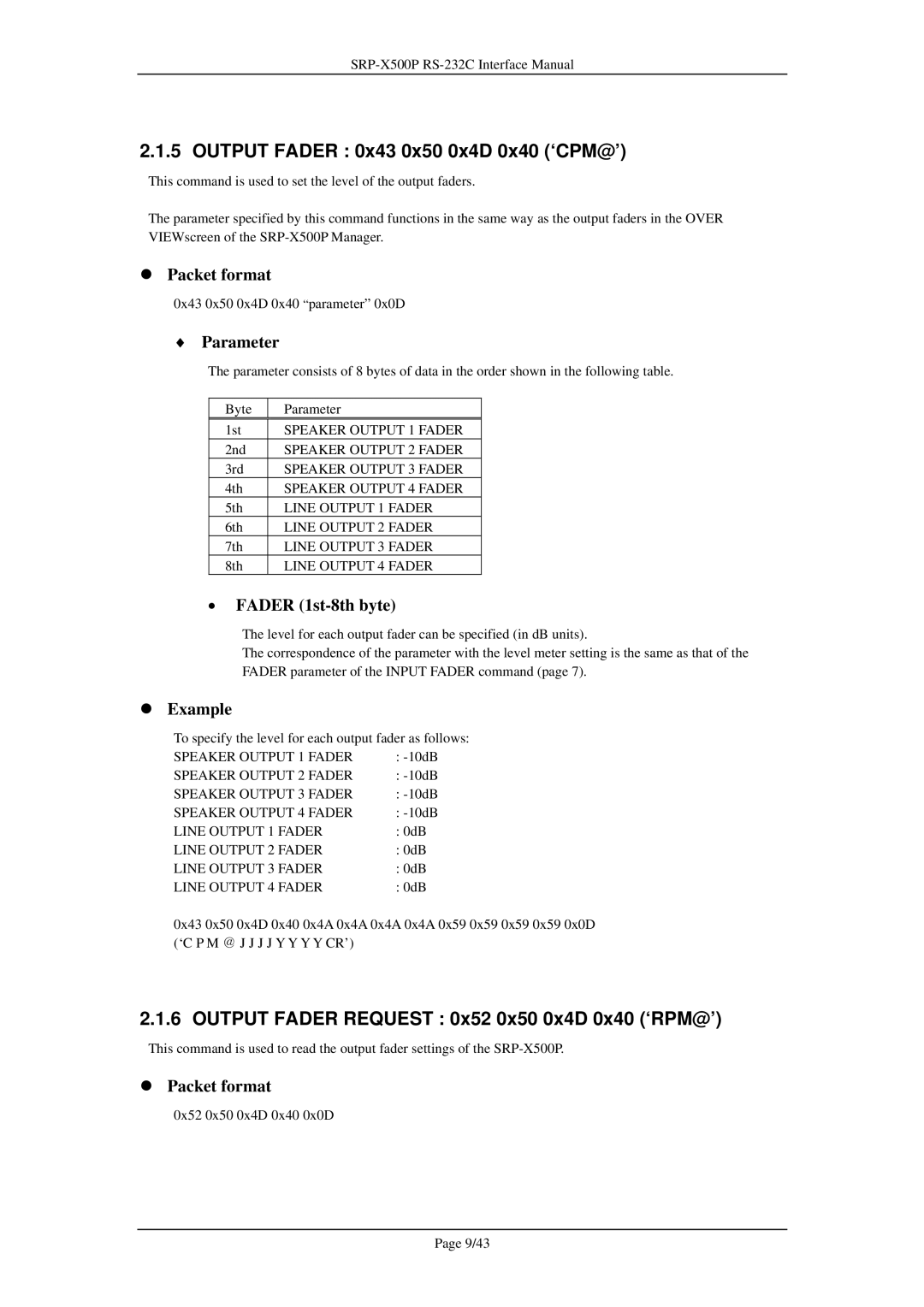 Sony SRP-X500P manual Output Fader 0x43 0x50 0x4D 0x40 ‘CPM@’, Output Fader Request 0x52 0x50 0x4D 0x40 ‘RPM@’ 