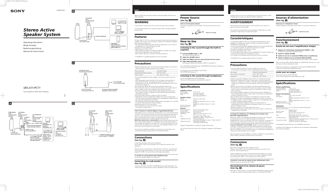 Sony SRS-PC71 operating instructions Power Source, Sources d’alimentation, Features, Precautions, How to Use, Précautions 