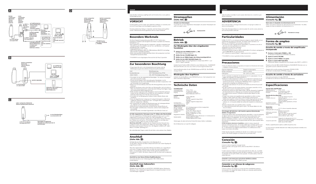 Sony SRS-A71 Stromquellen, Alimentación, Besondere Merkmale, Zur besonderen Beachtung, Betrieb, Technische Daten, Anschluß 