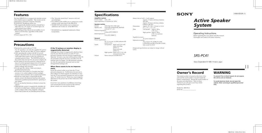 Sony SRS-PC41 specifications Features Specifications, Precautions, Owner’s Record, When there seems to be no improve- ment 