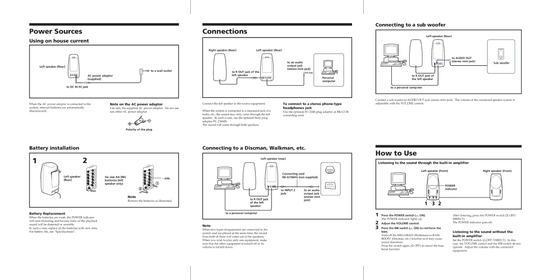 Sony SRS-PC41 specifications Power Sources, Connections, How to Use 