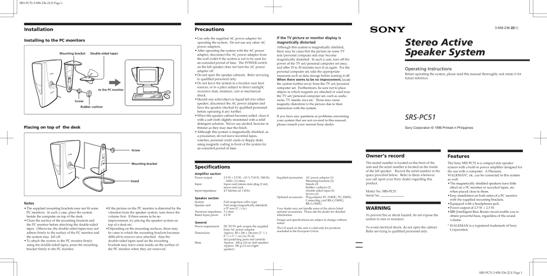 Sony SRS-PC51 specifications Installation, Precautions, Owner’s record, Features, Specifications 