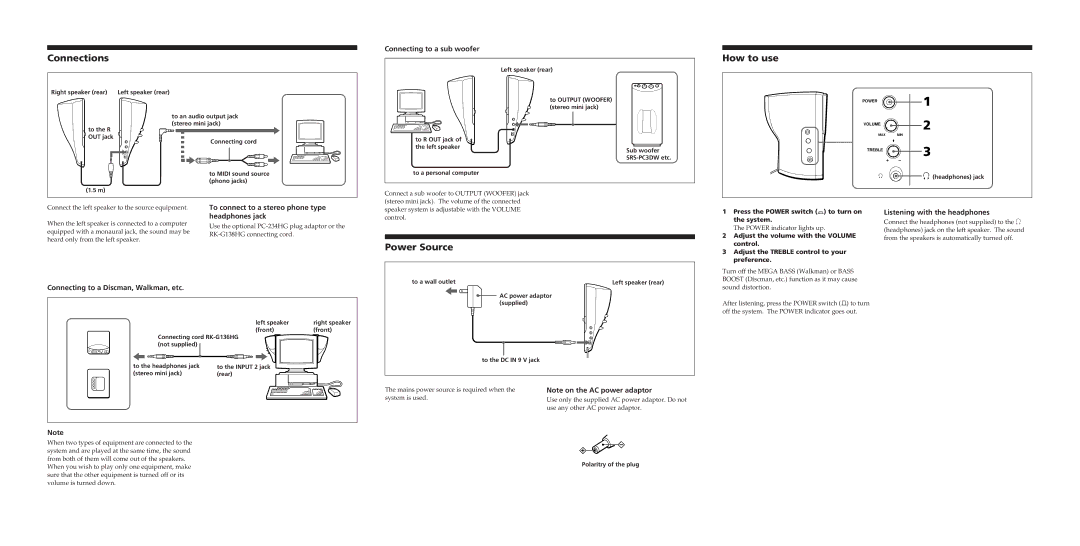 Sony SRS-PC51 specifications Connections, How to use, Power Source, Press the Power switch ¯ to turn on the system 