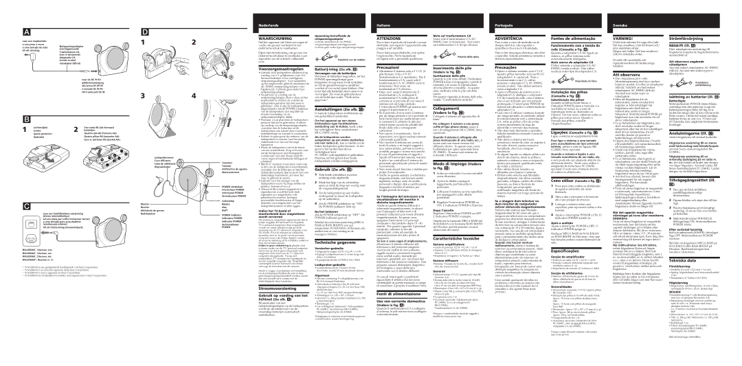 Sony SRS-T1 Fontes de alimentação, Strömförsörjning, Voorzorgsmaatregelen, Aansluitingen Zie afb. C, Precauzioni 