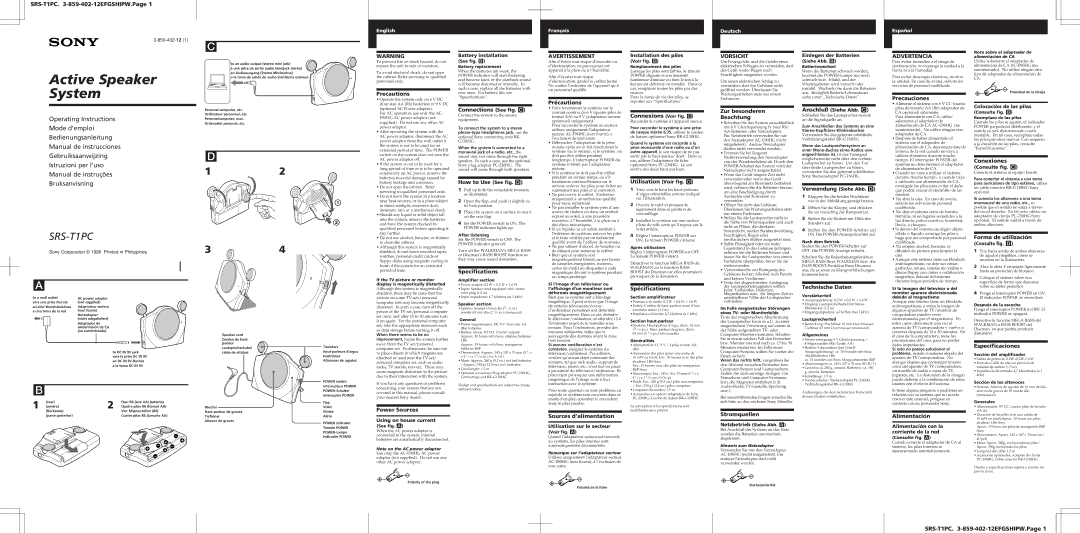 Sony specifications SRS-T1PC -859-402-12EFGSHIPW.Page, Precautions, Précautions, Precauciones, Connections See fig. C 