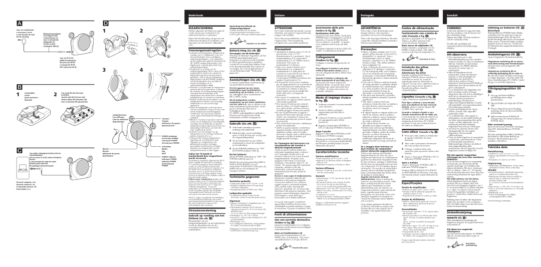 Sony SRS-T1PC Fontes de alimentação, Voorzorgsmaatregelen, Precauzioni, Precauções, Collegamenti, Att observera 