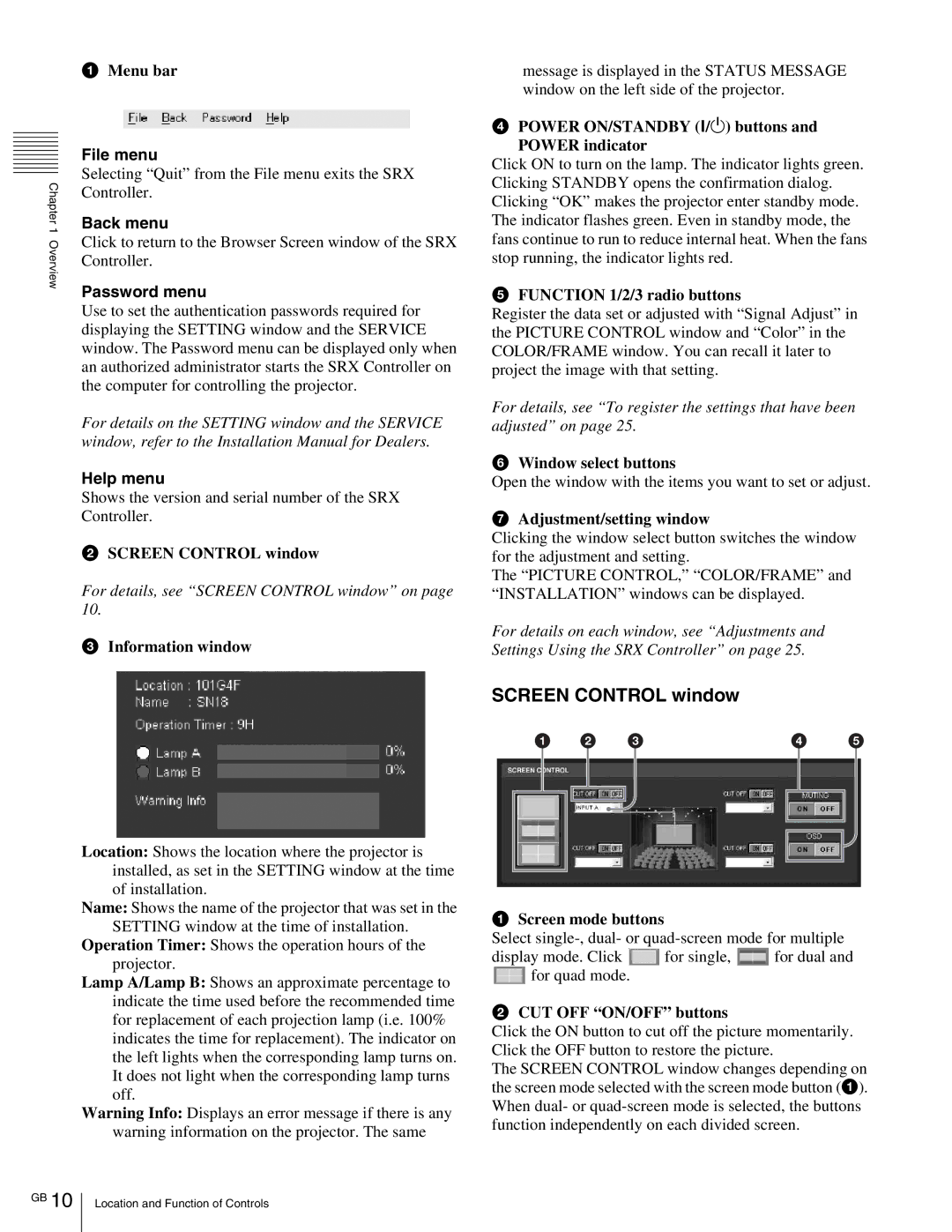 Sony SRX- R110, SRX-R105 operating instructions Screen Control window, File menu, Back menu, Password menu, Help menu 