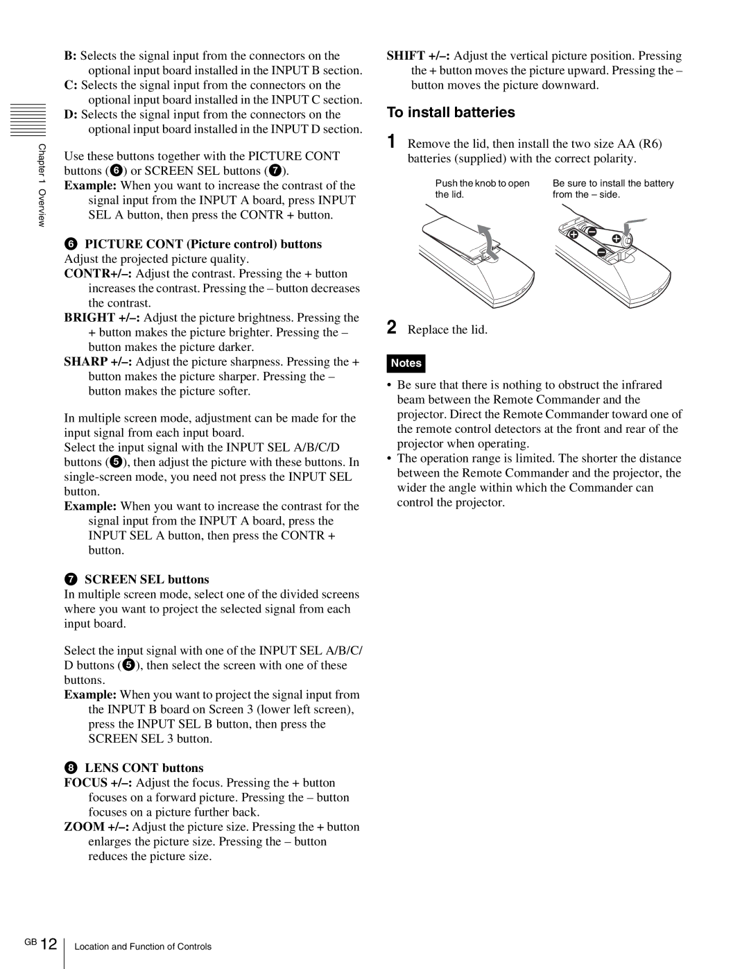 Sony SRX- R110, SRX-R105 operating instructions To install batteries, Screen SEL buttons, Lens Cont buttons 