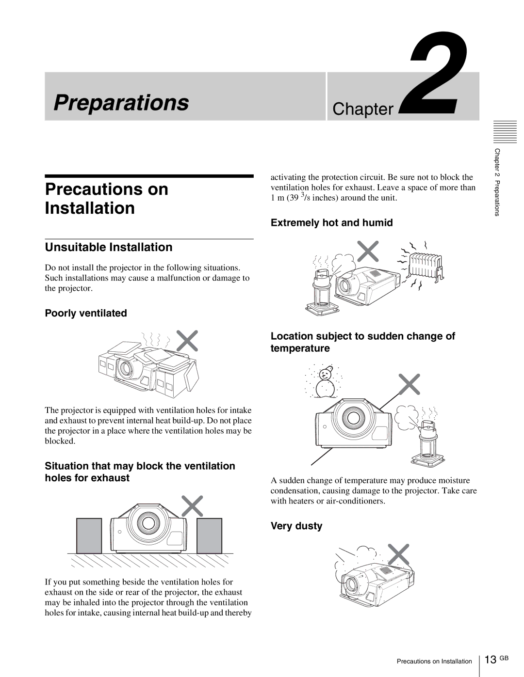 Sony SRX-R105, SRX- R110 operating instructions Precautions on Installation, Unsuitable Installation, 13 GB 