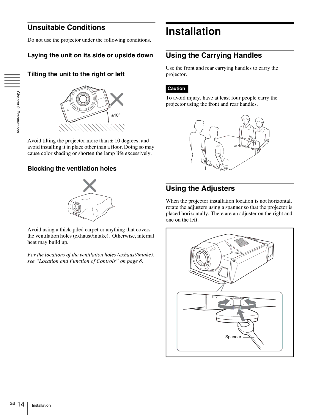 Sony SRX- R110 Unsuitable Conditions, Using the Carrying Handles, Using the Adjusters, Blocking the ventilation holes 