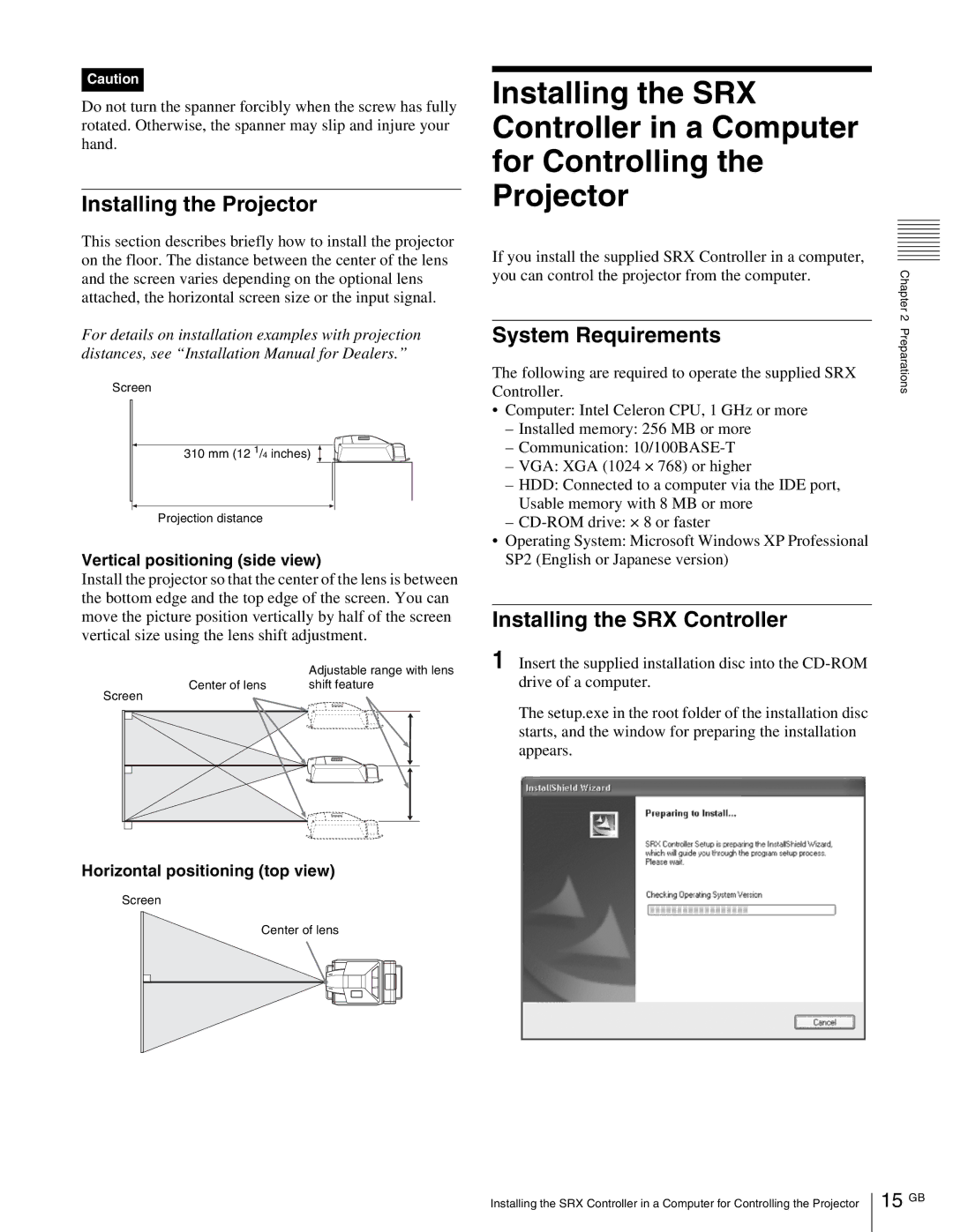 Sony SRX-R105, SRX- R110 Installing the Projector, System Requirements, Installing the SRX Controller, 15 GB 