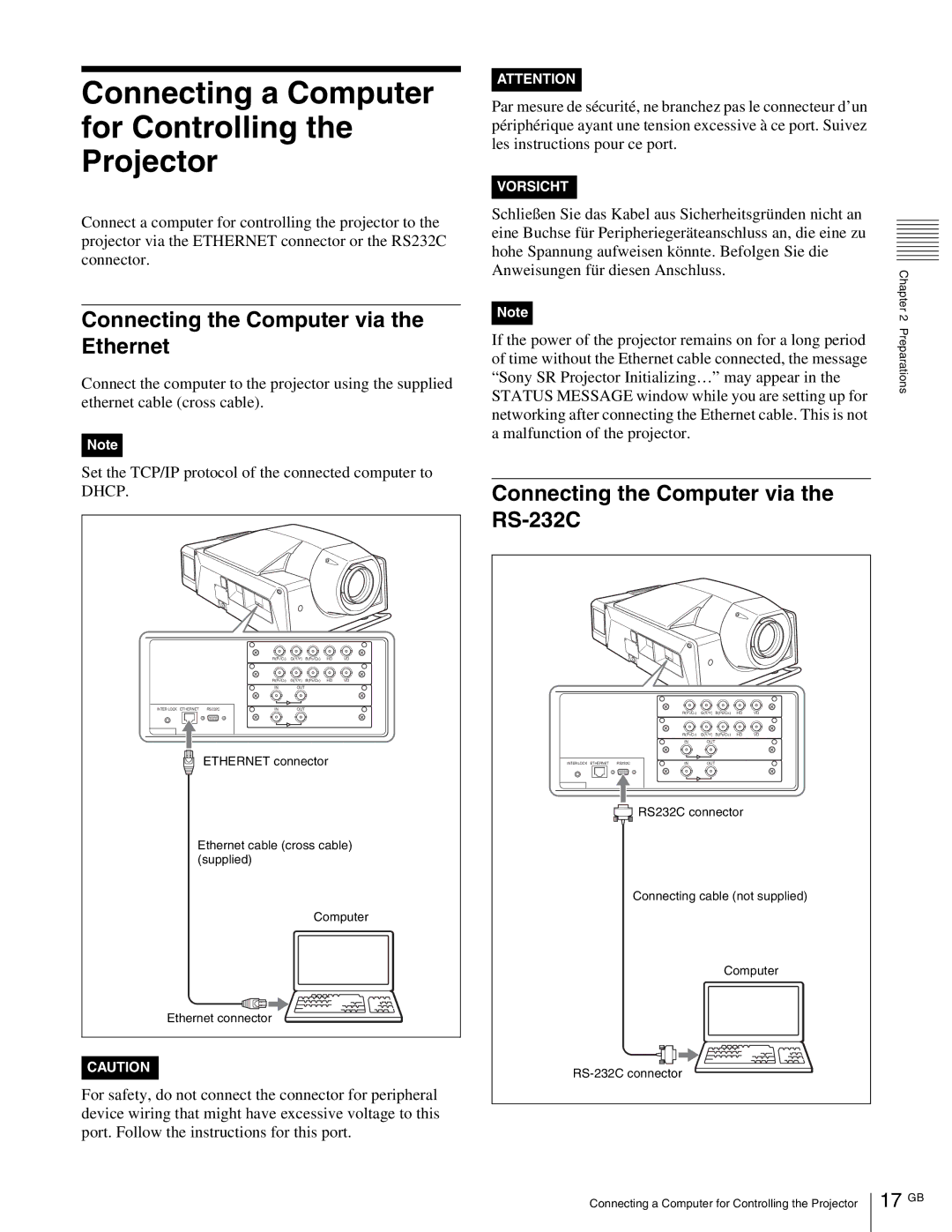 Sony SRX-R105, SRX- R110 Connecting the Computer via the Ethernet, Connecting the Computer via the RS-232C, 17 GB 