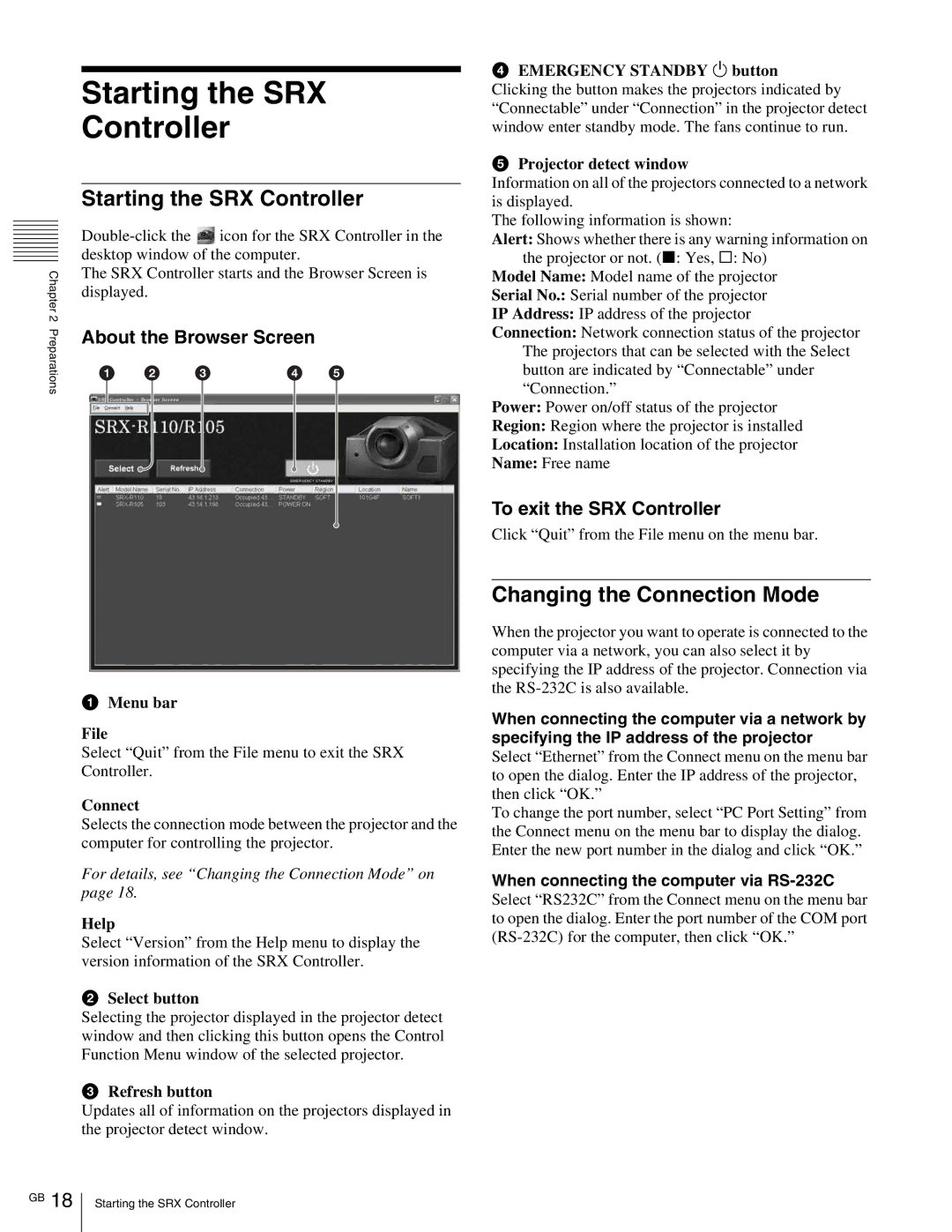 Sony SRX- R110, SRX-R105 Starting the SRX Controller, Changing the Connection Mode, About the Browser Screen 