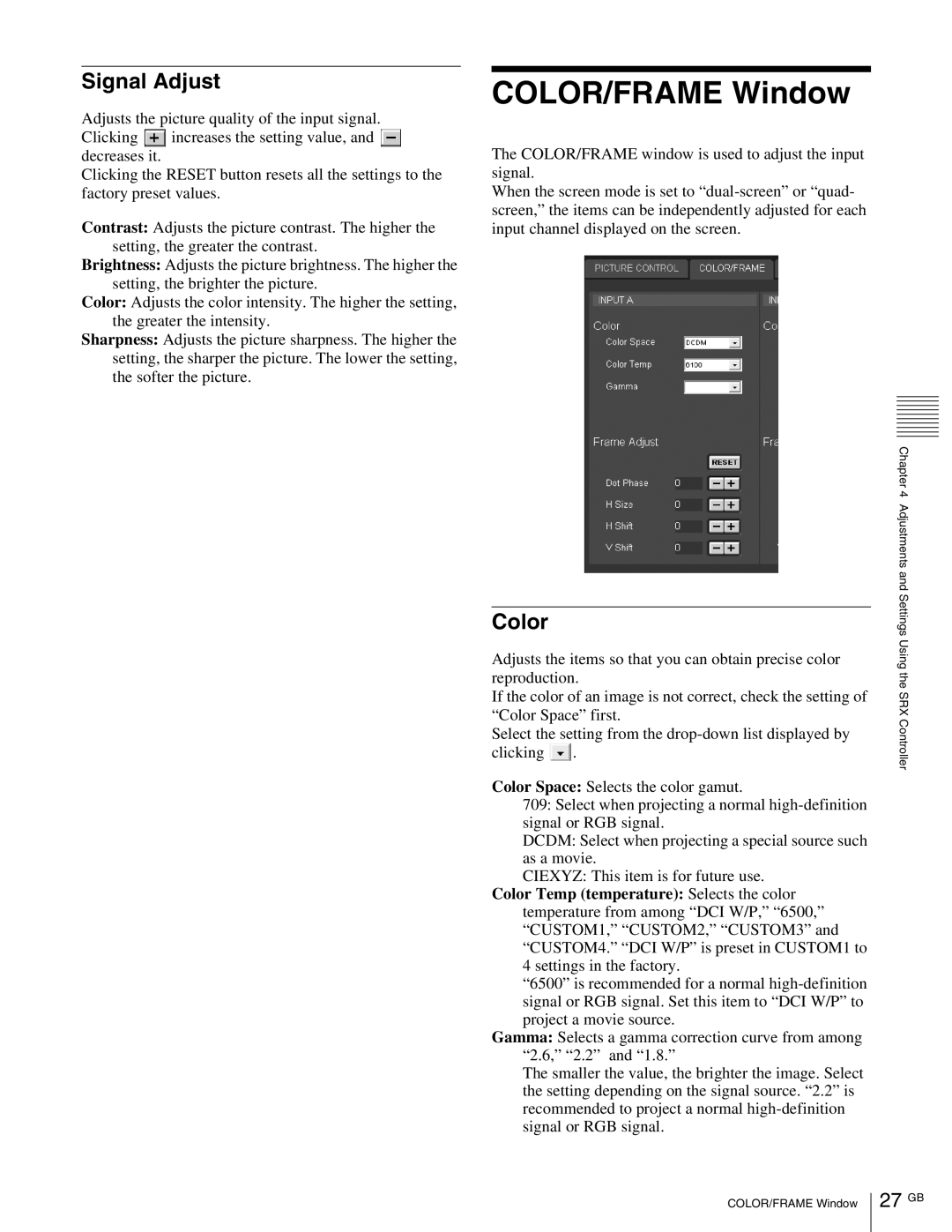 Sony SRX-R105, SRX- R110 operating instructions COLOR/FRAME Window, Signal Adjust, Color, 27 GB 