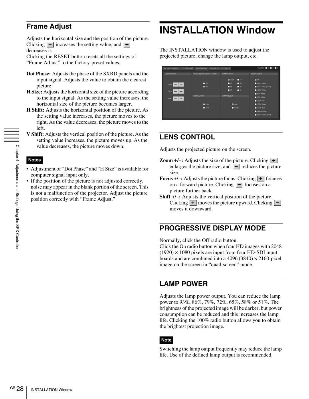 Sony SRX- R110, SRX-R105 operating instructions Installation Window, Frame Adjust 