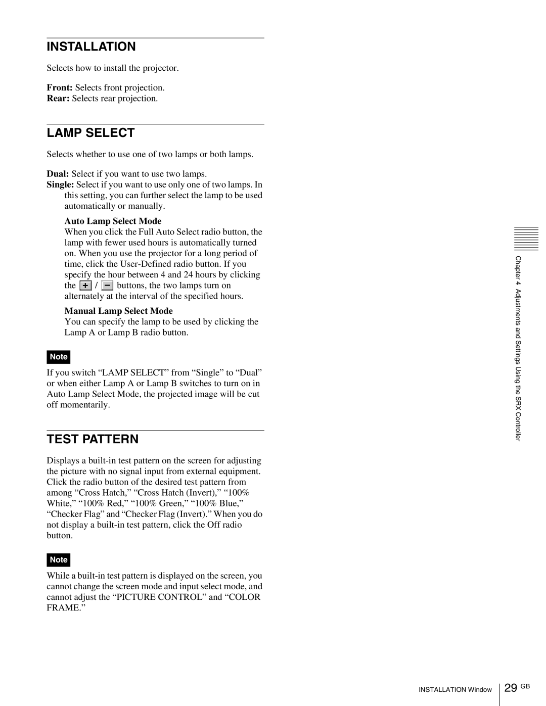 Sony SRX-R105, SRX- R110 operating instructions 29 GB, Auto Lamp Select Mode, Manual Lamp Select Mode 