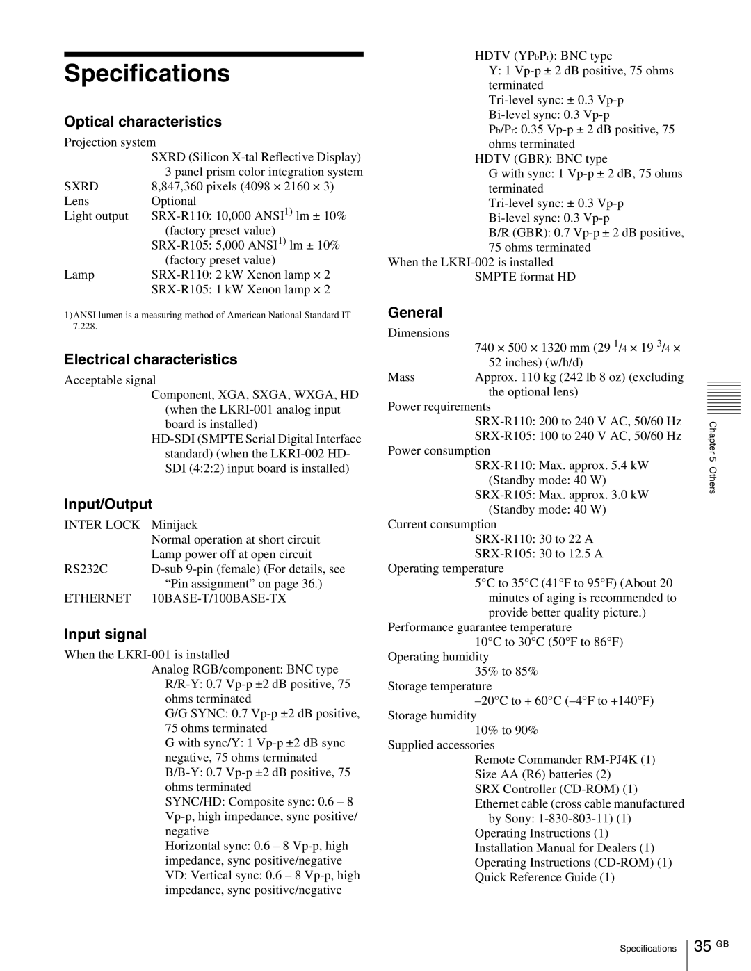 Sony SRX-R105, SRX- R110 operating instructions Specifications, 35 GB 