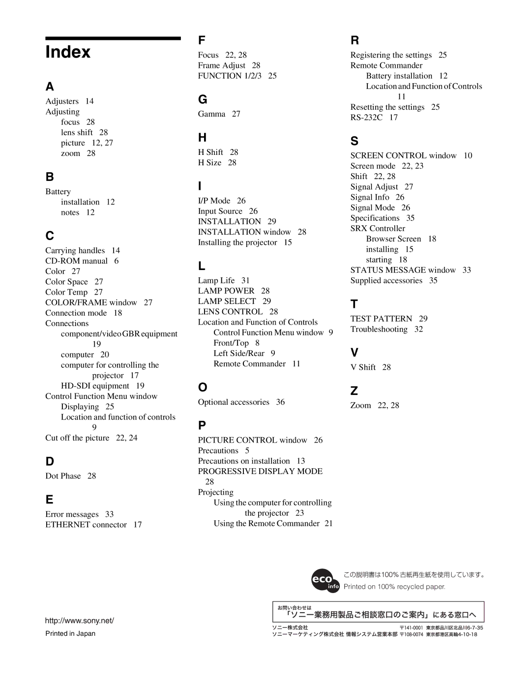 Sony SRX- R110, SRX-R105 operating instructions Index, Lamp Power Lamp Select Lens Control 