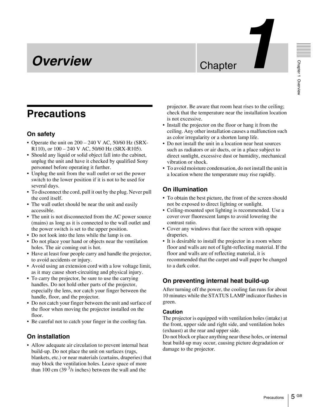 Sony SRX-R105, SRX- R110 Precautions, On safety, On installation, On illumination, On preventing internal heat build-up 