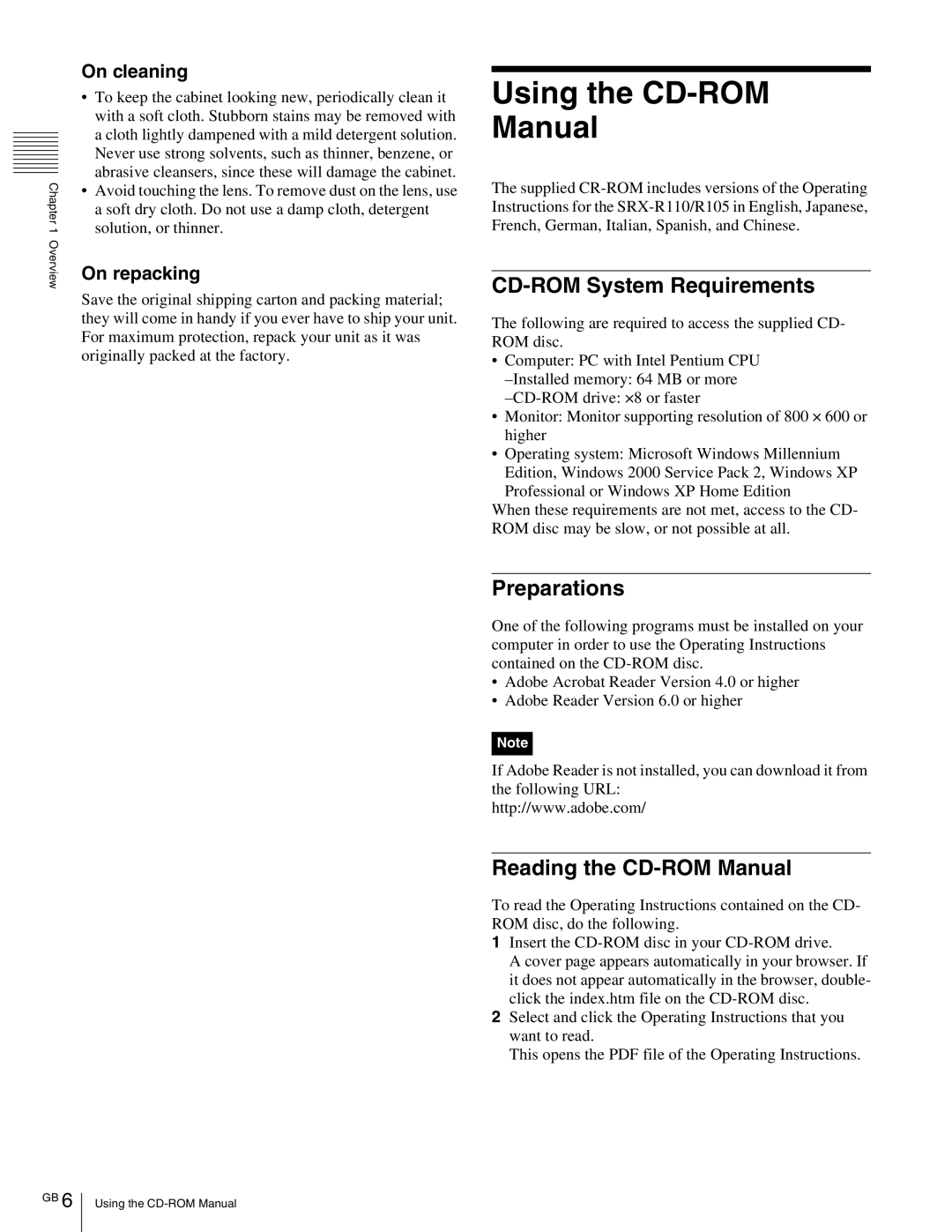 Sony SRX- R110 Using the CD-ROM Manual, CD-ROM System Requirements, Reading the CD-ROM Manual, On cleaning, On repacking 