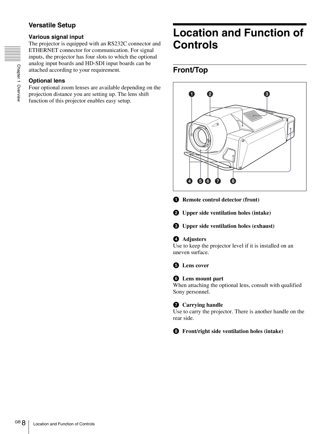 Sony SRX- R110, SRX-R105 Location and Function of Controls, Versatile Setup, Various signal input, Optional lens 