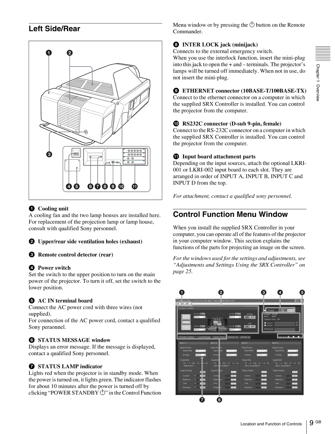 Sony SRX-R105, SRX- R110 operating instructions Left Side/Rear, Control Function Menu Window 