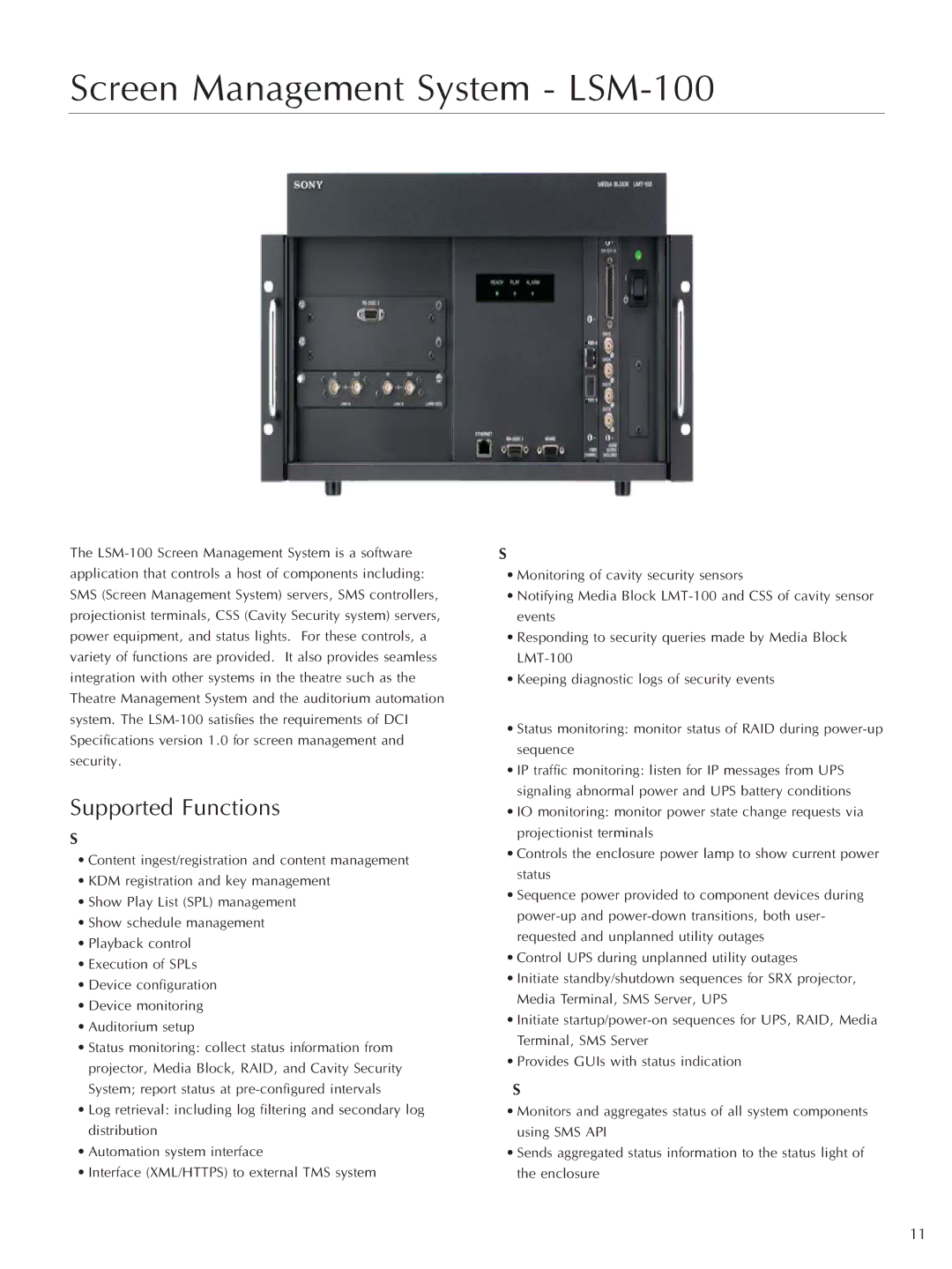 Sony SRX-R220, SRX-R210, LMT-100 manual Screen Management System LSM-100, Supported Functions 