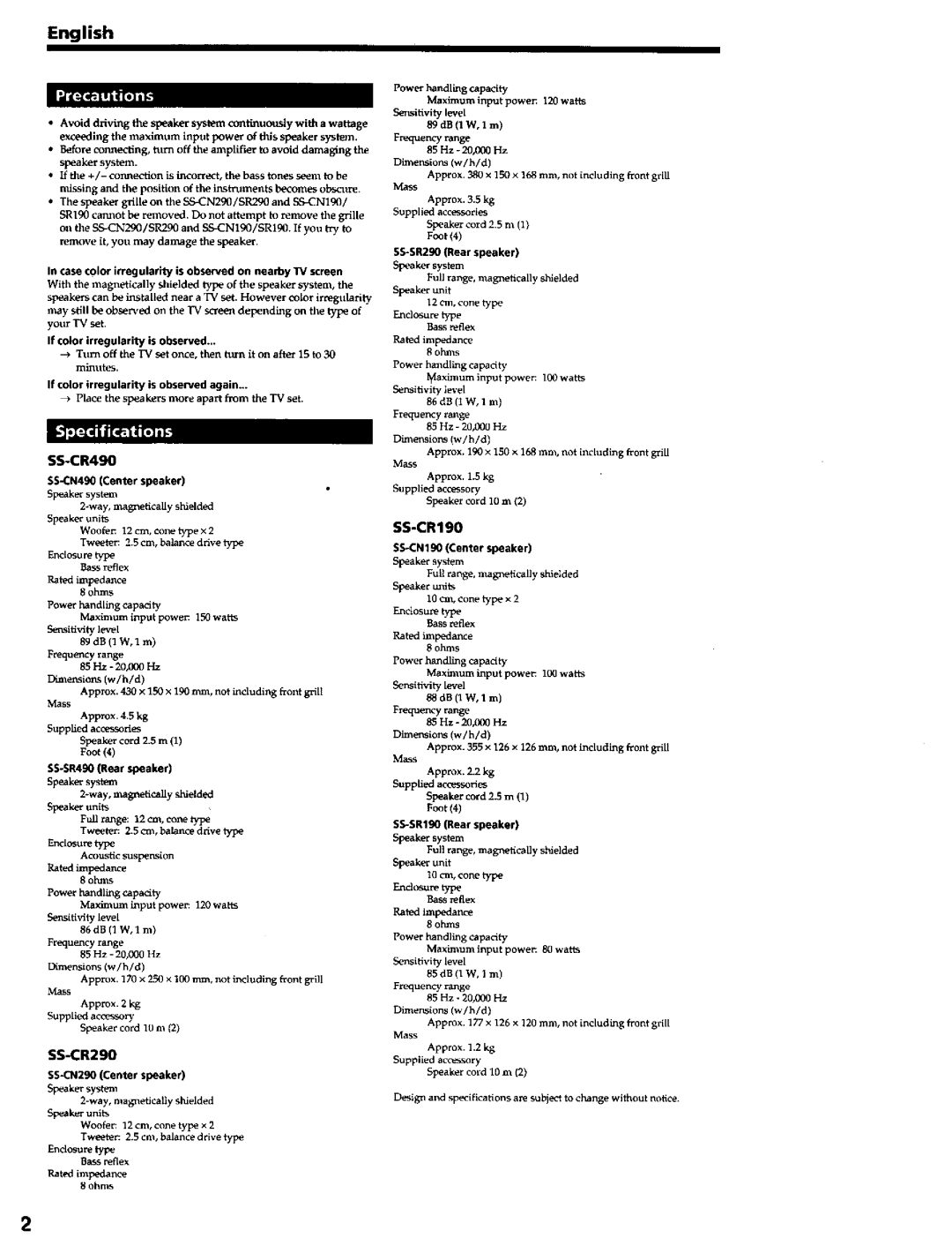 Sony SS-CR290, SS-CR490 manual SS-CR190 