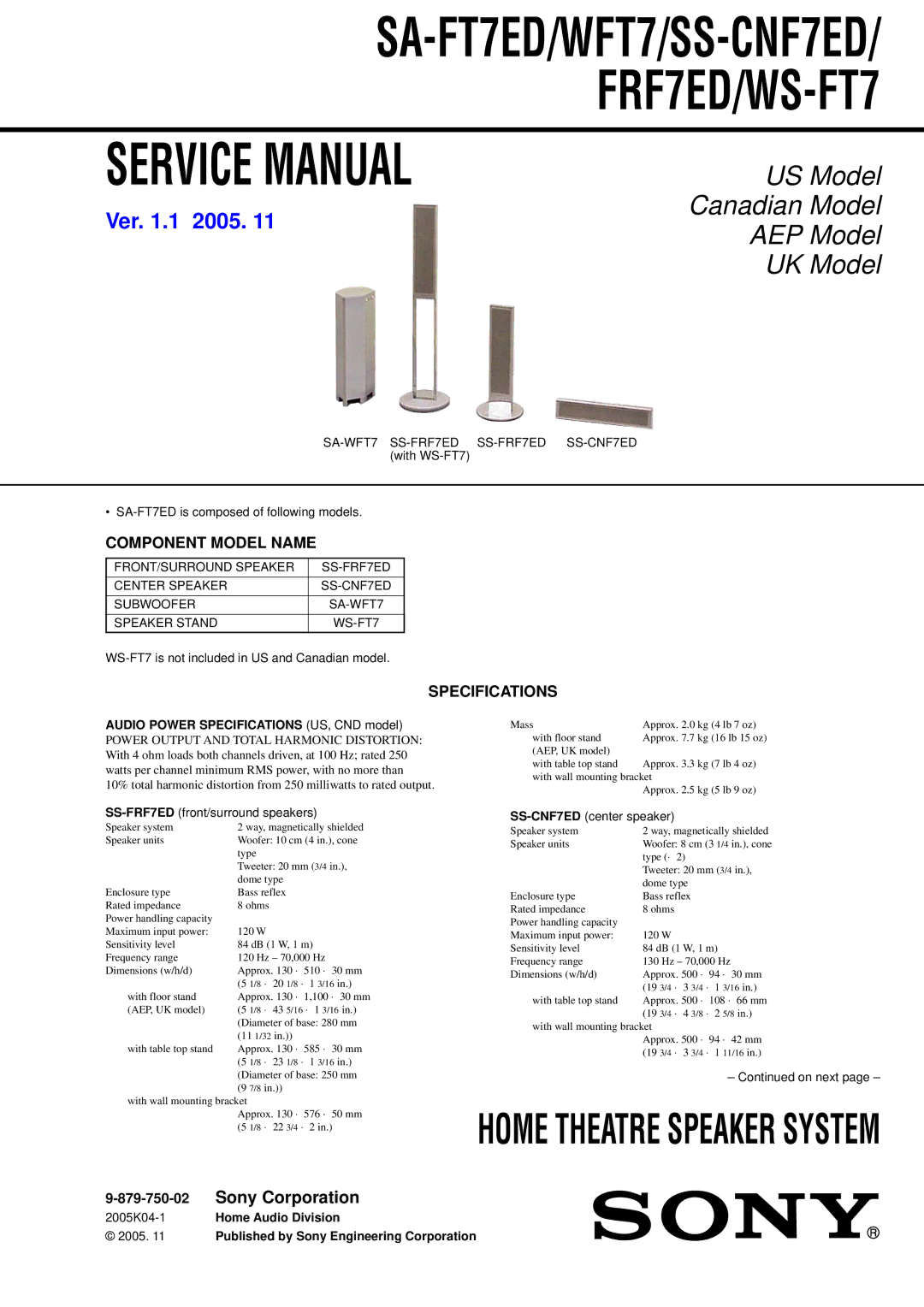 Sony SA-WFT7, SS-FRF7ED service manual Component Model Name, Specifications, Speaker Stand WS-FT7 