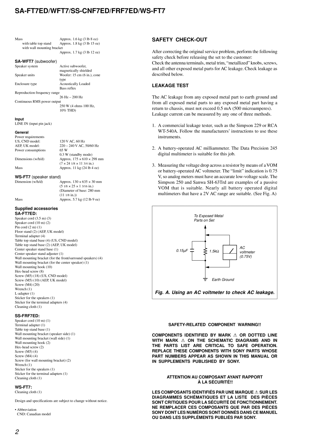 Sony SS-FRF7ED, SA-WFT7 service manual SA-FT7ED/WFT7/SS-CNF7ED/FRF7ED/WS-FT7, Safety CHECK-OUT 