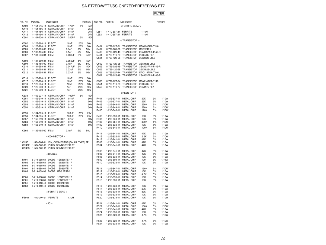 Sony SA-WFT7, SS-FRF7ED service manual PLUG, Connector 3P Diode, Diode RD6.2ESB2, Diode RD15ESB2 Ferrite Bead 