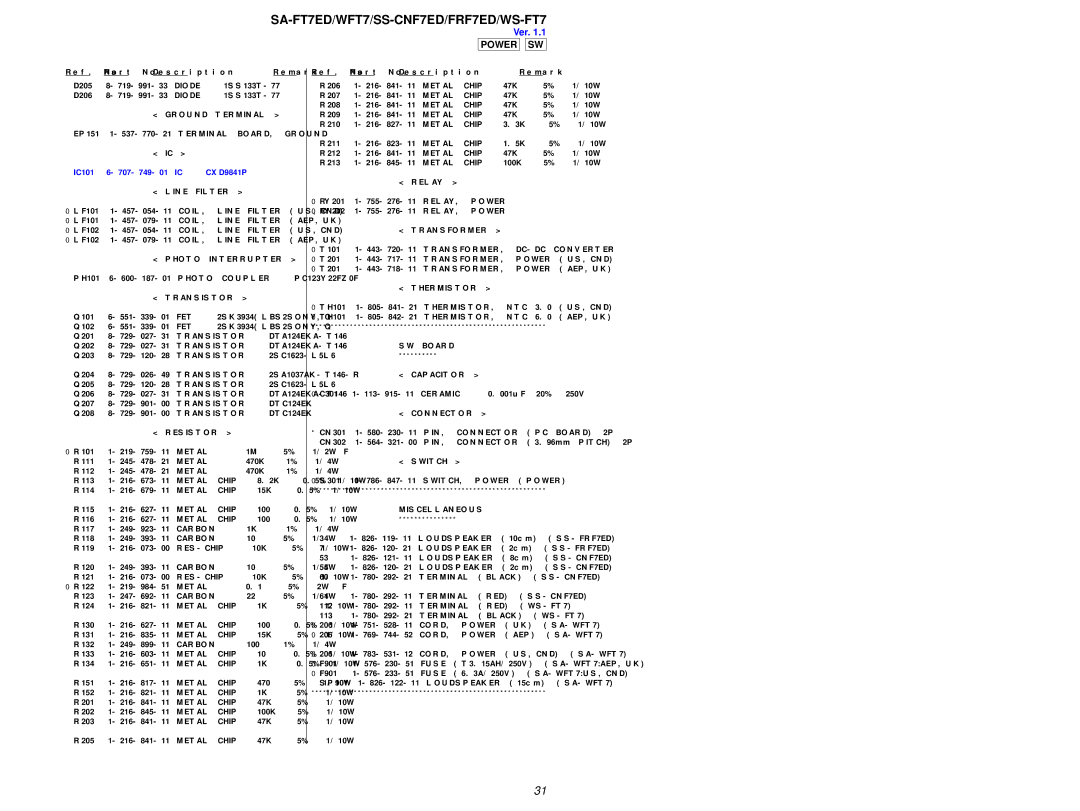 Sony SA-WFT7, SS-FRF7ED service manual Power SW 