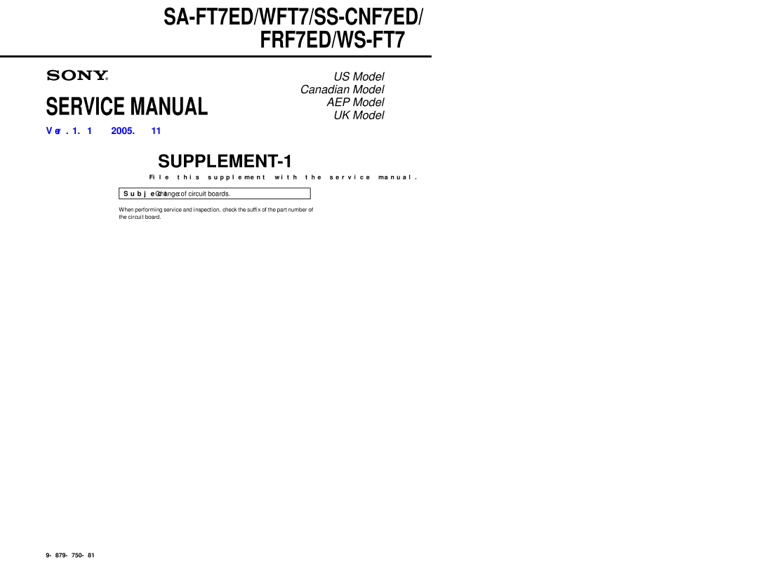 Sony SA-WFT7, SS-FRF7ED service manual SUPPLEMENT-1 