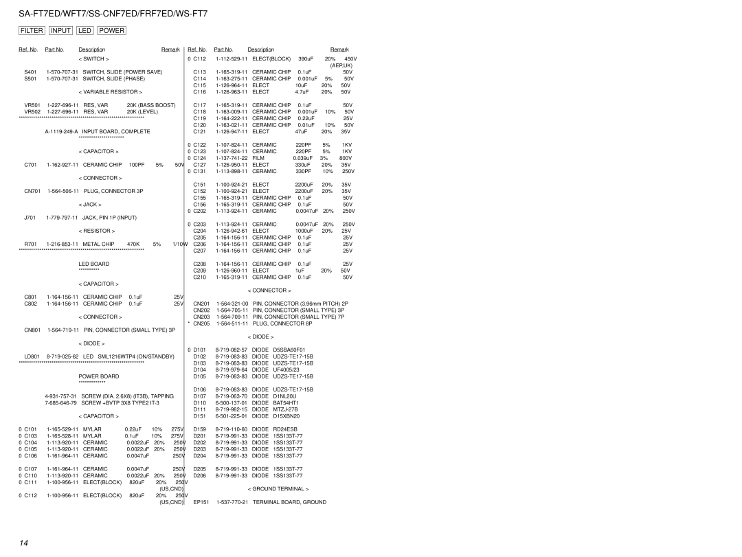 Sony SS-FRF7ED, SA-WFT7 SWITCH, Slide Phase, Bass Boost, Ground Terminal EP151 1-537-770-21 Terminal BOARD, Ground 