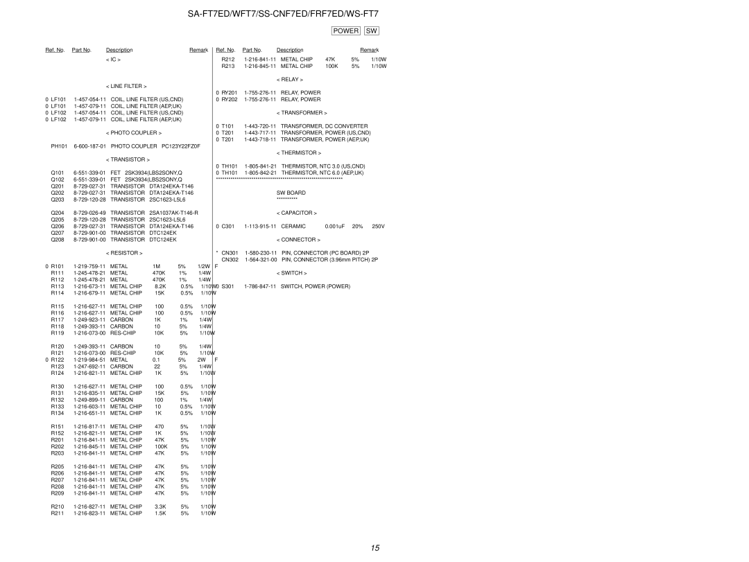 Sony SA-WFT7, SS-FRF7ED service manual Photo Coupler, SWITCH, Power Power 