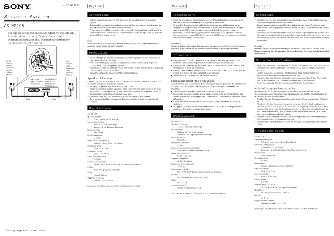 Sony SS-MB105 specifications English, Français, Deutsch 