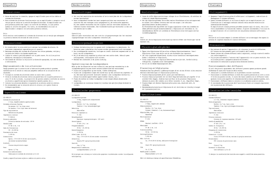 Sony SS-MB105 specifications Español, Nederlands, Engelska, Italiano 