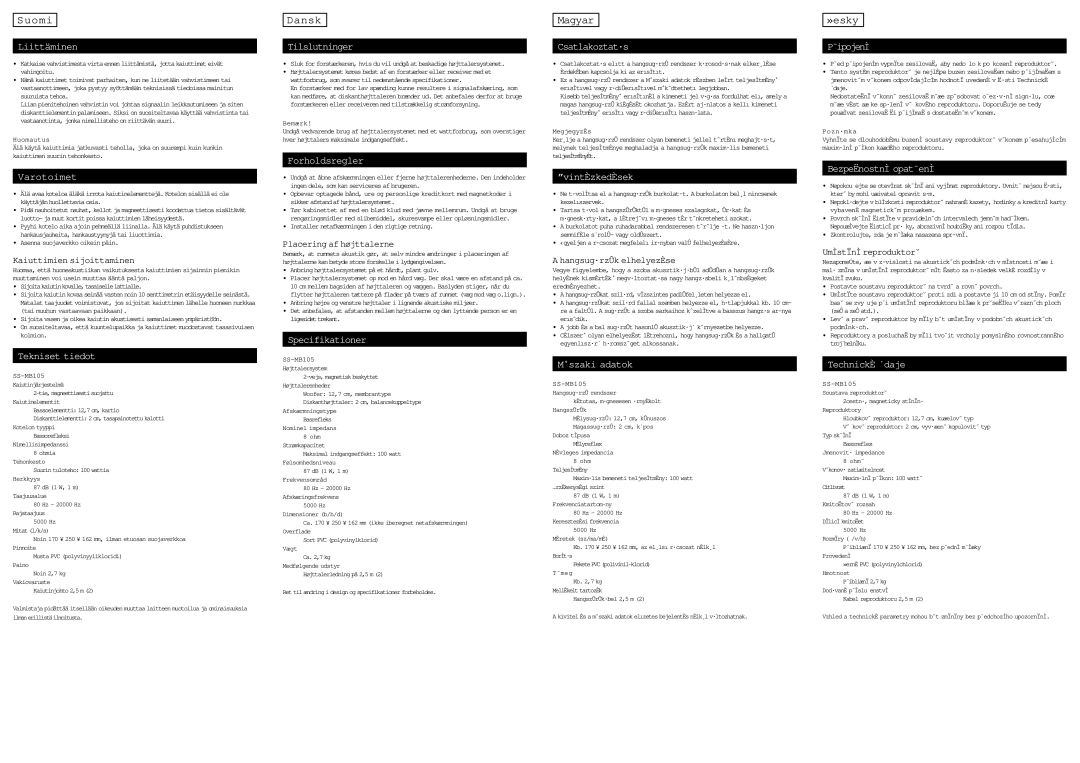 Sony SS-MB105 specifications Suomi, Dansk, Magyar, »esky 