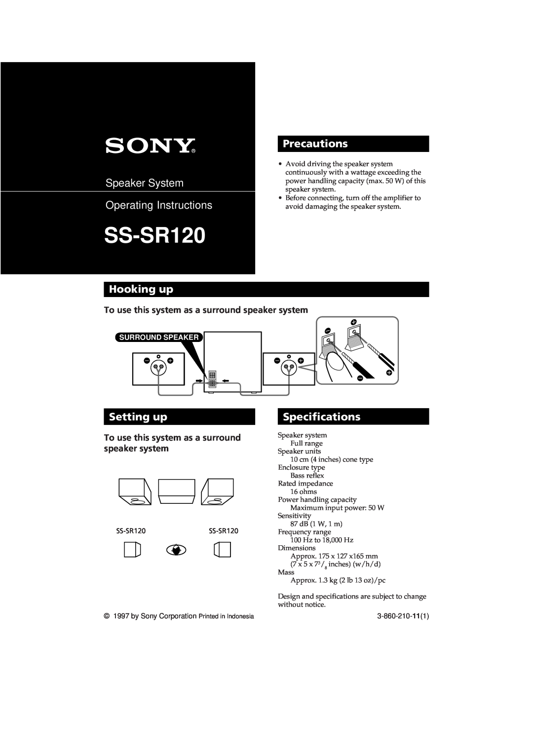Sony SS-SR120 specifications Speaker System Operating Instructions, Precautions, Hooking up, Setting up, Specifications 